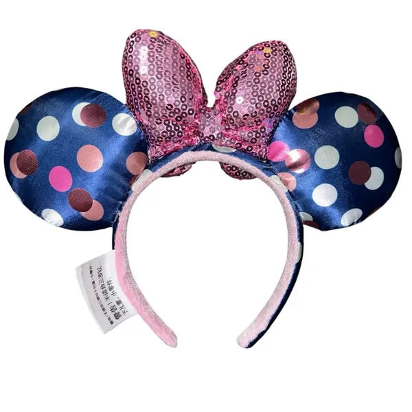 Disney Parks Minnie Mouse Navy Blue Polka Dot Ears Pink Sequin Bow Headband USA - Image 2