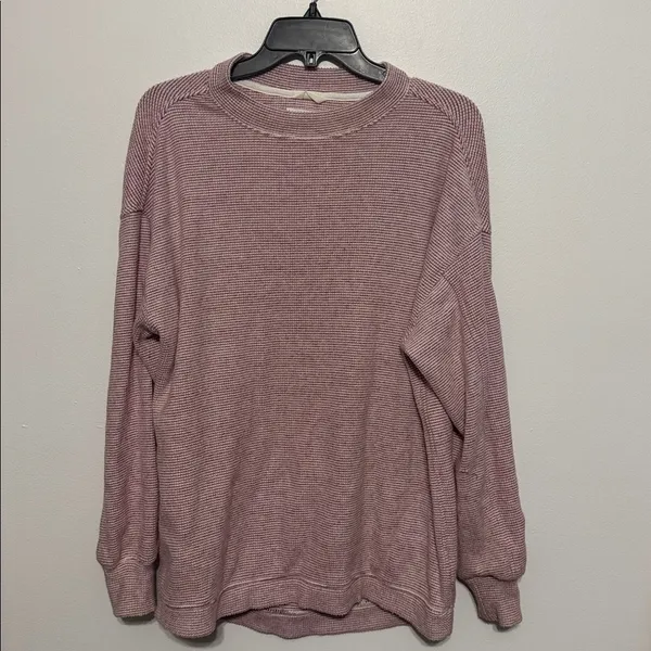 Aerie Red White Waffeknit Oversized Crewneck Pullover Sweatshirt - Image 3