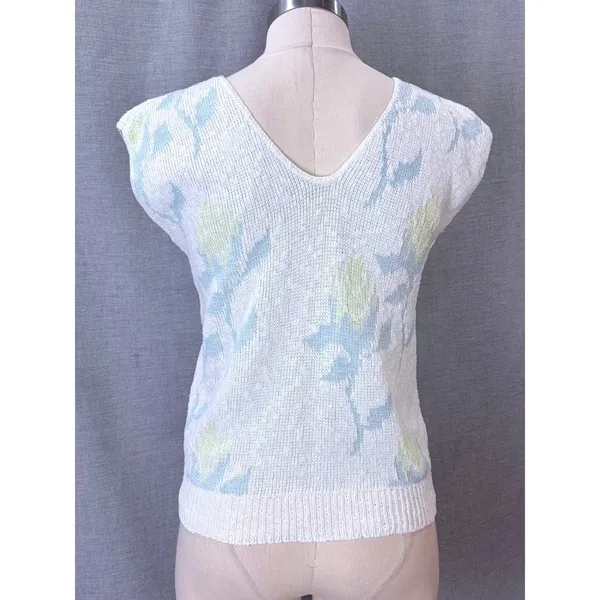 Vintage‎ Sweater Vest White Floral Pastel Knit V-Neck Cotton G.F.C. Ltd Size M - Image 2