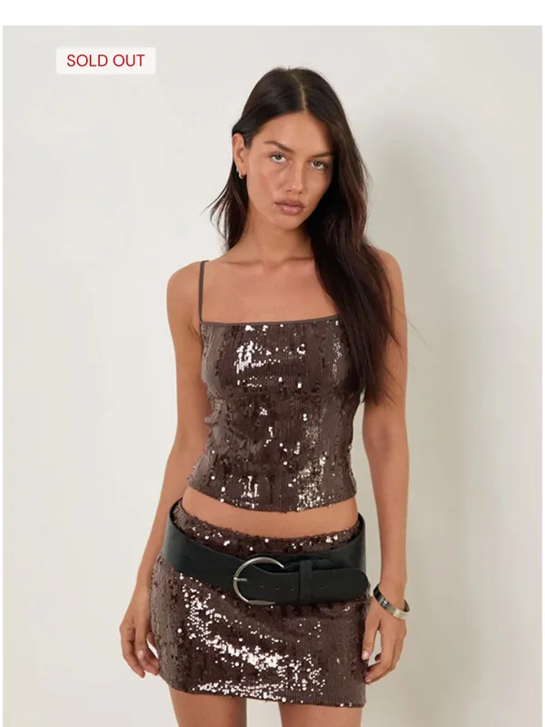 Motel Rocks Biyaya Cami Top With Binding In Sequin Brown - Image 2