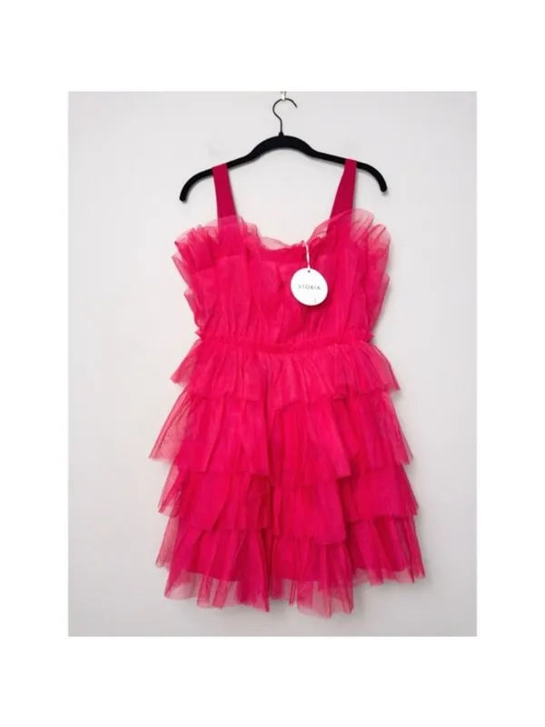 NWT Storia Tulle Tiered Mini Dress M Pink Babydoll Ruffle Satin Strap - Image 3
