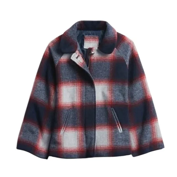 Gap Plaid Wool Blend Swing Coat Girls XXL Navy Red Grey Zip Snap Jacket New - Image 2