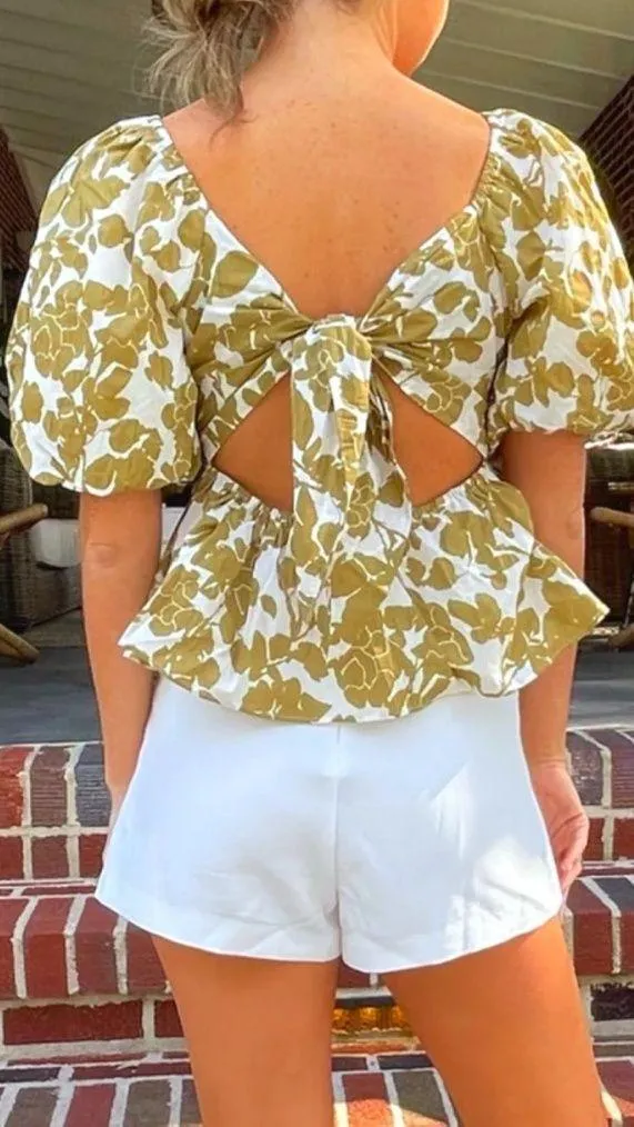 Free The Roses Cotton Floral Peplum Open Tie Back Top - Sz Med 💚🎀 - Image 2