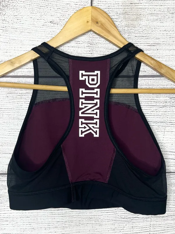 VS PINK Burgundy Crop Top Sports Bra Unlined Racerback Spell Out Logo Size Large - Image 8