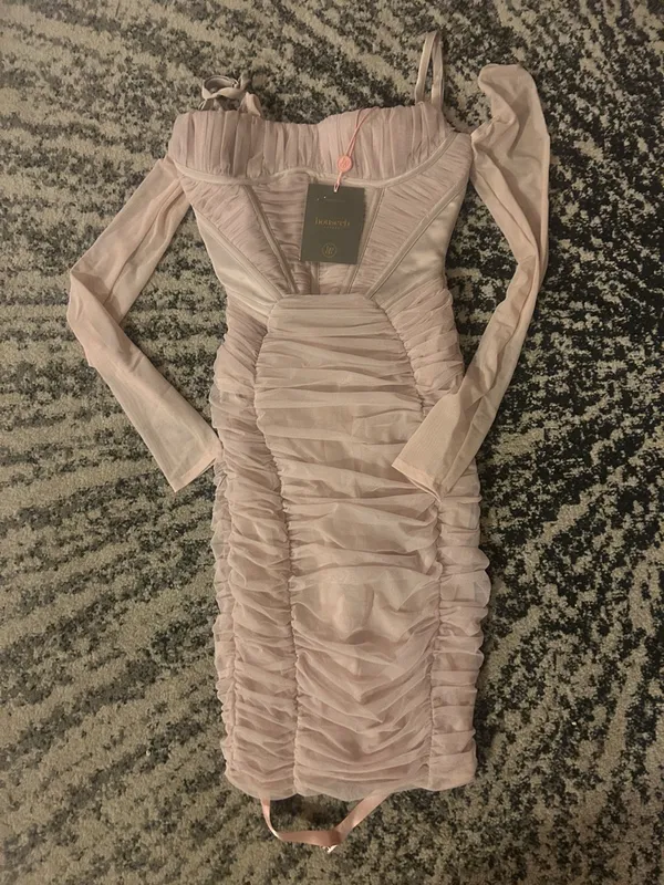 House of CB FREYJA Satin Ruched Long Sleeve Body-Con Dress Small A/C Crystal - Image 4