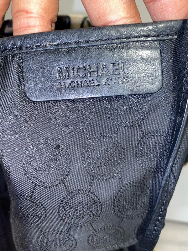 Michael Kors Black and Beige MK Monogram Satchel with Crossbody Strap - Image 14