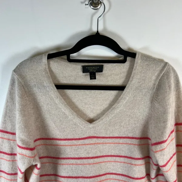 Charter‎ Club Luxury Cashmere Striped V Neck Sweater Women's Size L Fringe - Image 2