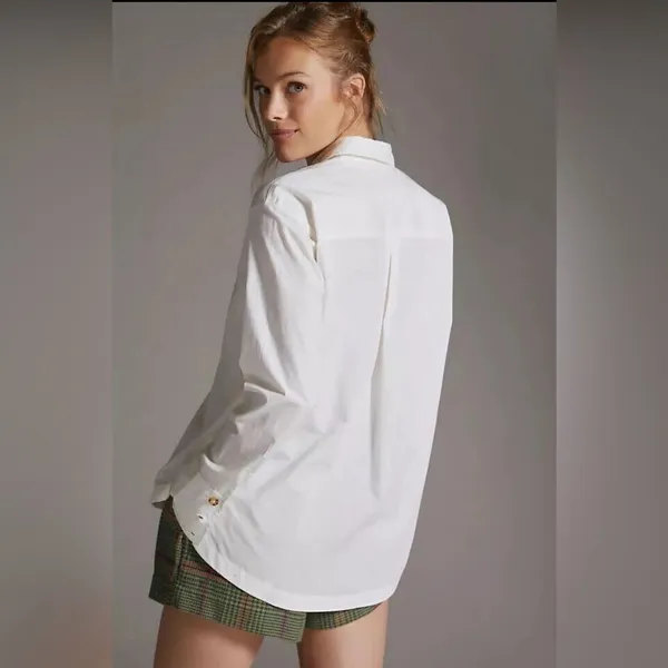 Anthropologie Maeve White Pop Over Henley Blouse‎ Sz Small Oversized - Image 3