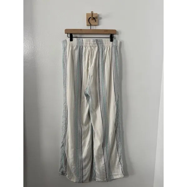 Krazy Kat Pants Womens Sze Med Ivory Blue Metallic Striped Wide Leg Pull On - Image 5