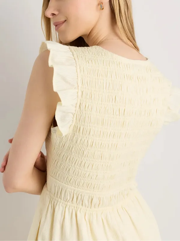 Quince Organic Textured Cotton Smocked V-Neck Midi Dress Pale Custard Yellow L - Image 5