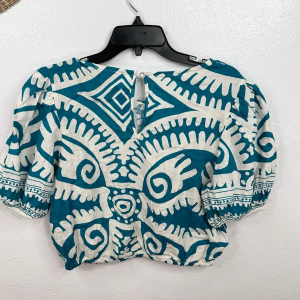 Haute Hippie Blouse Size L Teal White Geometric Puff Sleeve Cropped Half Sleeve - Image 2