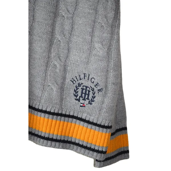 Tommy Hilfiger Sweater Large Gray Varsity V-Neck Cable Knit Excellent Y2K Junior - Image 3