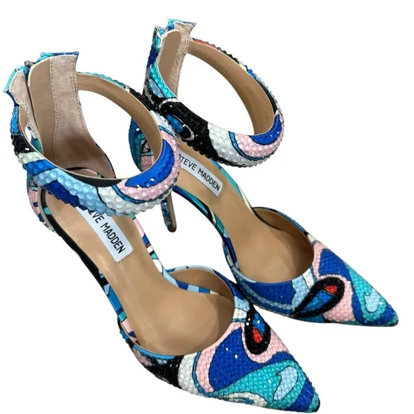 STEVE MADDEN ELE PUFF ANKLE STRAP PUMPS BLUE MULTI SIZE 8.5 nwb - Image 3