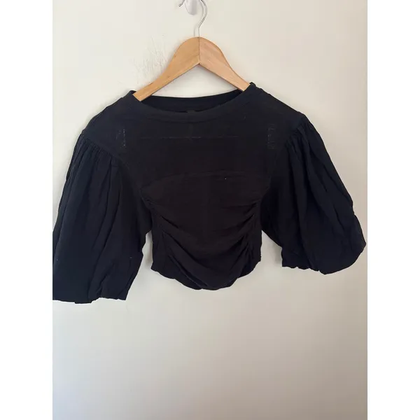 Free‎ People Black Puff Sleeve Ruched Crop Top XS Slub Knit Balloon Sleeve Boho - Image 2