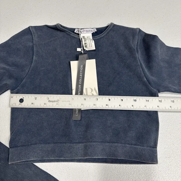 Zara Crop Top Crew Neck Pullover Stretch Long Sleeve Faded Blue Size XS Stylish - Image 6