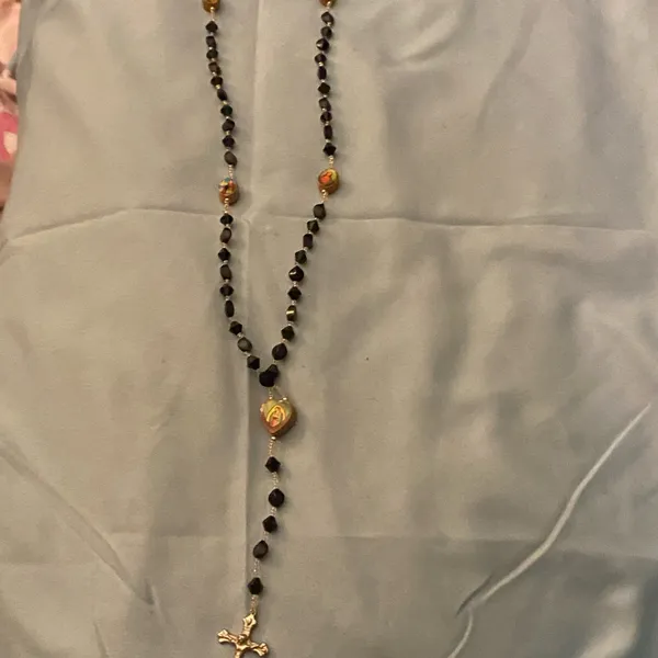 Rosary Necklace Silver Cross Black & Wood Photo Beads 20” Long - Image 6