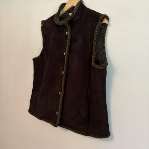 LL Bean Vest XL Brown Faux Suede Sherpa Lined Button Front Penny Lane Granola - Image 2