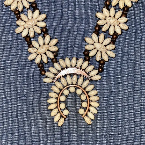 Squash Blossom Style necklace with real stone and bronze colored setting Brown - Image 2