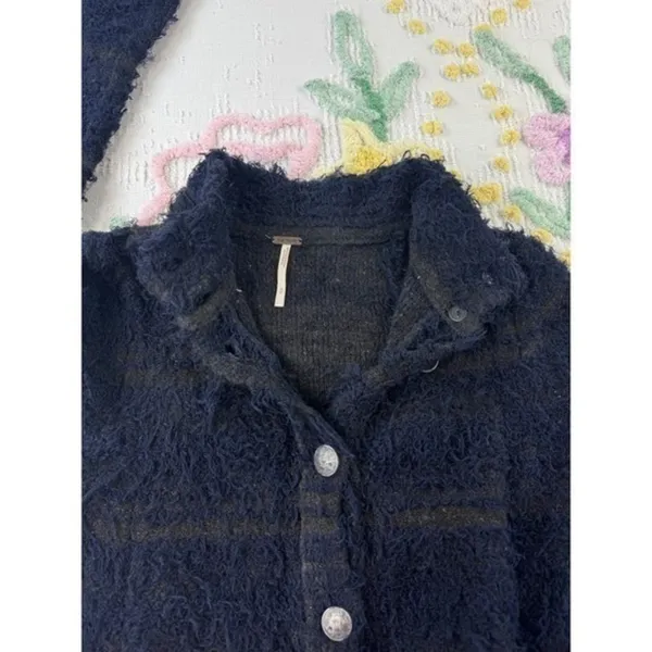 Free People Fuzzy Stripe‎ Button Front Cardigan Blue Olive Green Women's S - Image 12