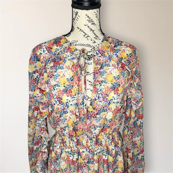 Zara Pink Blue Floral Ruffle Mini Dress Long Sleeve Smocked Tiered‎ Boho Travel - Image 4