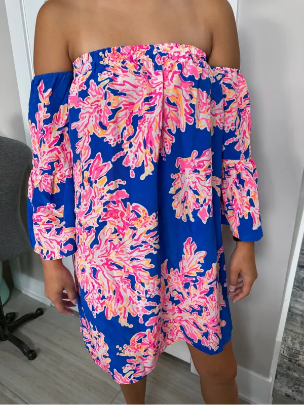 Lilly Pulitzer 100% Silk Blue Floral Off-Shoulder Women’s Dress Sz S Bell Sleeve - Image 2