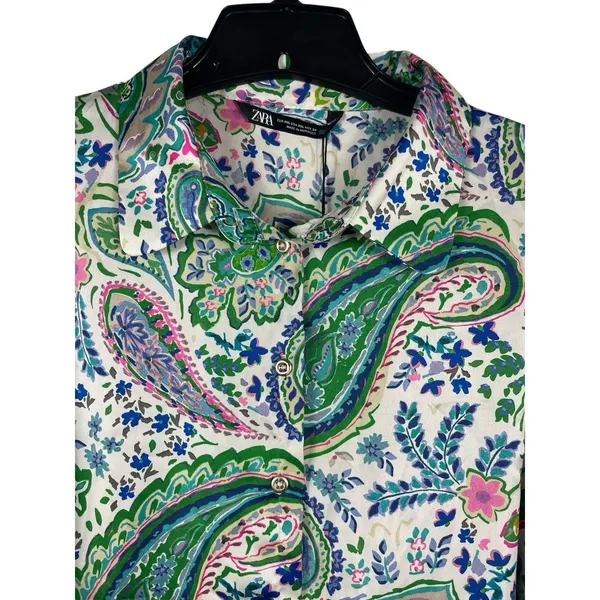 Zara Blouse XXL Paisley Floral Button Front Long Sleeve Shirt Green Pink NWT - Image 4