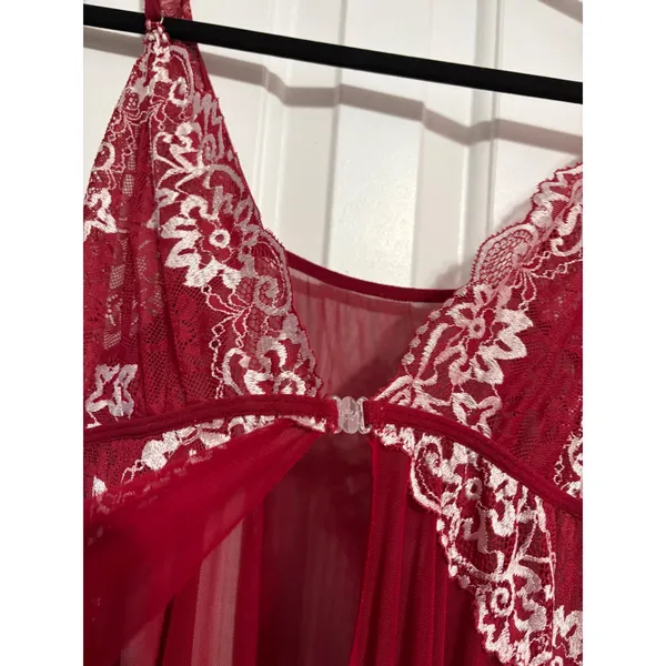 Babydoll Lingerie‎ Chemise Romantic Burgundy Lace Front Clasp Sheer Mesh - Image 3