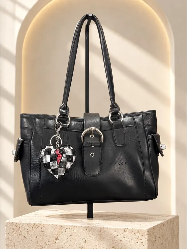 Coach Leather Medium Tote Bag Black with Heart Charm Shoulder Handbag - Image 2