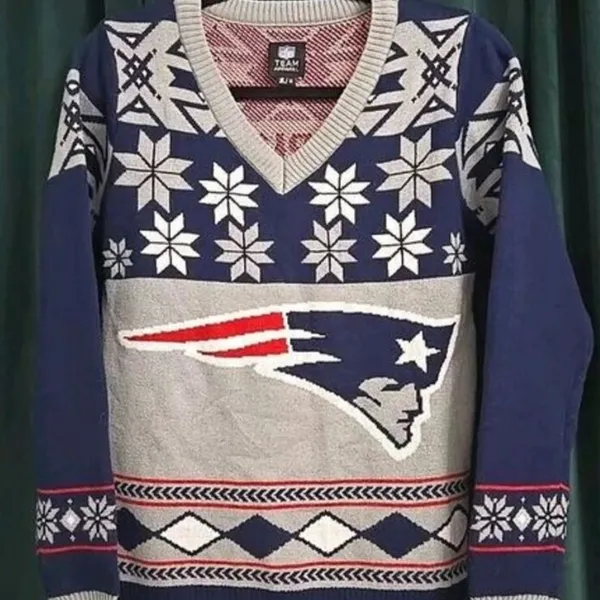 NFL V-Neck New England patriots fair isle sweater Sweater Blue and Gray small - Image 7