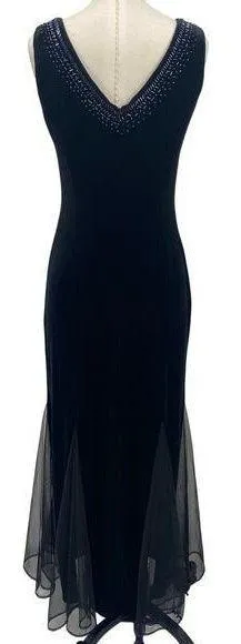 Vintage Y2k Velvet Gown Sleeveless Beaded Bateau Neck Mesh Godets Black Womens 4 - Image 2