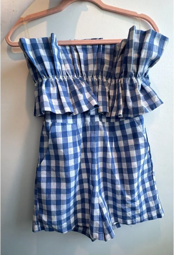 Entro Blue and White Gingham Strapless Romper - Image 3