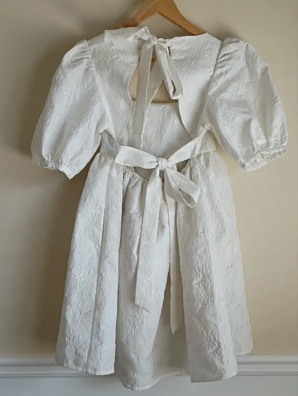 White Textured Mini Dress with Puff Sleeves and Square Neck - Image 4
