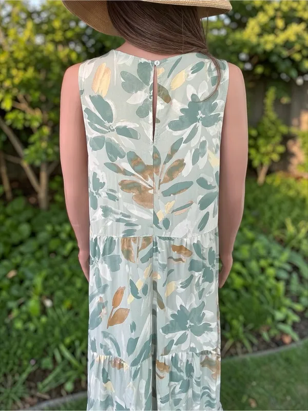 A New Day Sage Abstract Floral Tiered Maxi Dress Large 100% Rayon Boho - Image 3