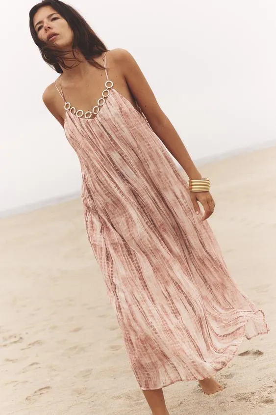 Zara maxi flowy pink summer bohemian dress with grommets - Image 5