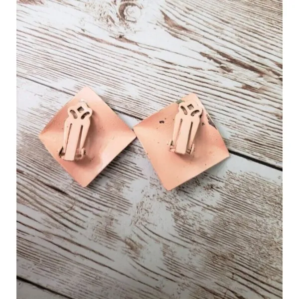 Vintage Clip On Earrings - Dusky Pink Pearlescent Folded Diamond Shape 1 & 3/8" - Image 4