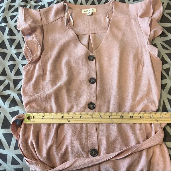 Monteau‎ Pink Crepe Chiffon Button Front V-Neck Flutter Cap Sleeve Midi Dress L - Image 10