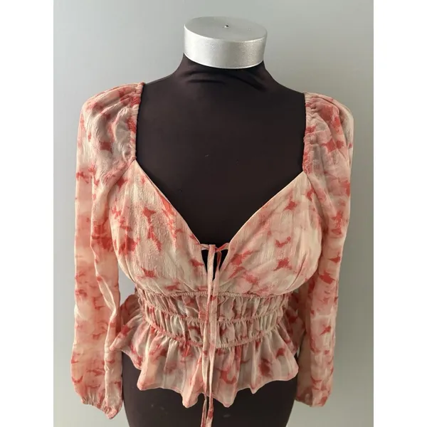 Dizzy Lizzy Blouse M Red Pink Smocked Milkmaid Peasant Boho Festival Hippie New - Image 2
