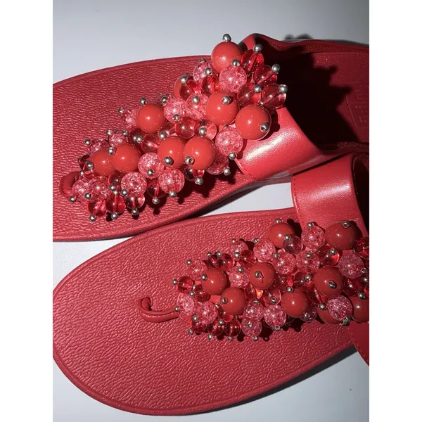 Fitflop‎ Sandals Deco Cha Cha Red Beaded Toe Thong Wedge T Strap Sandal Size 7 Z - Image 6