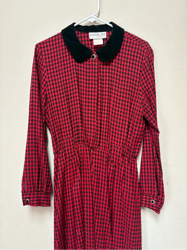 Vintage 90s Red Black Check Velvet Collar Maxi Dress Whimsigoth Grunge L - Image 10