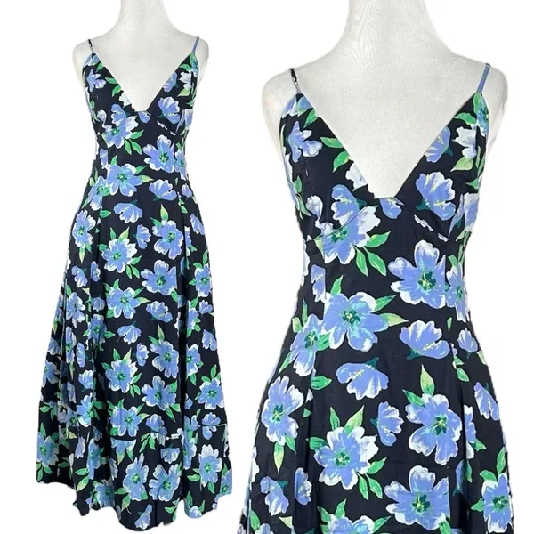 Free People Finer Things Printed Halter Midi Dress Black Combo Large Tropical - Image 9