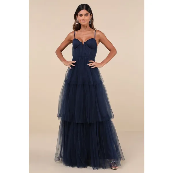 NWT Lulus Unforgettable Poise Navy Blue Tulle Bustier Tiered Maxi Dress Gala XL - Image 2