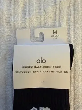 ALO Yoga Black Crew Socks with White Logo & Stripes - Size M - Image 2
