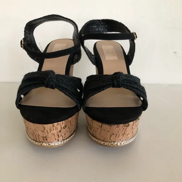 Time And Tru Womens Cork Wedge Platform Black Sandals Size 7 Gold Cork Trim New - Image 9