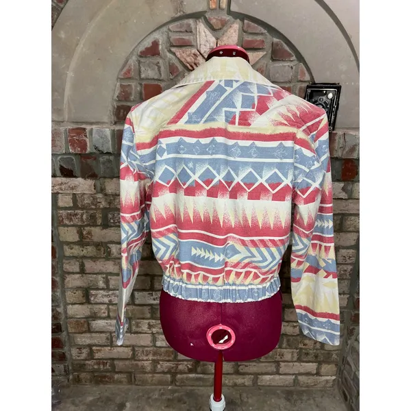 Jean Jacket Aztec print cropped Vintage 1980s red blue cream - Image 4