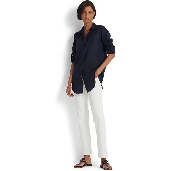 Lauren Ralph Lauren Navy Blue 100% Linen Roll-Tab Button Down Shirt‎ SP - Image 4
