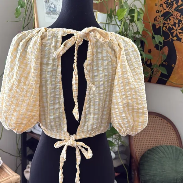 Urban Outfitters Yellow Gingham Cropped Pouf Shoulder Preppy Back Tie Top - Image 2