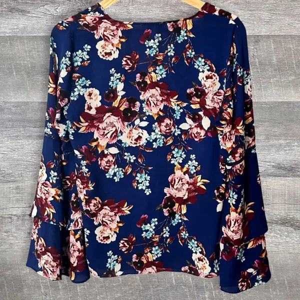 Floral Peasant Top Women S Flare Bell Long Sleeve Blouse Navy Blue - Image 4