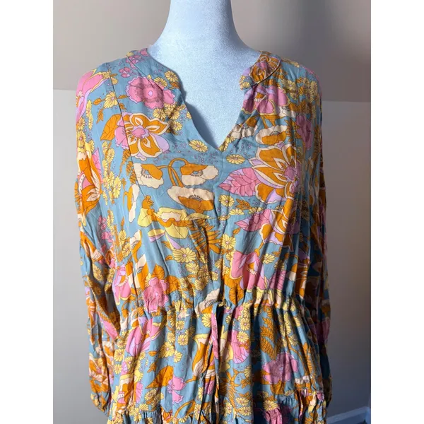 Entro Floral Mini Dress Womens Medium Blue Pink‎ Excellent Tiered Boho - Image 7