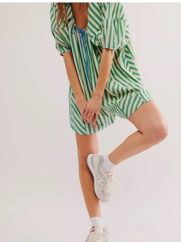 Free People Bop Around Green Cream Stripe Romper size medium - Image 3