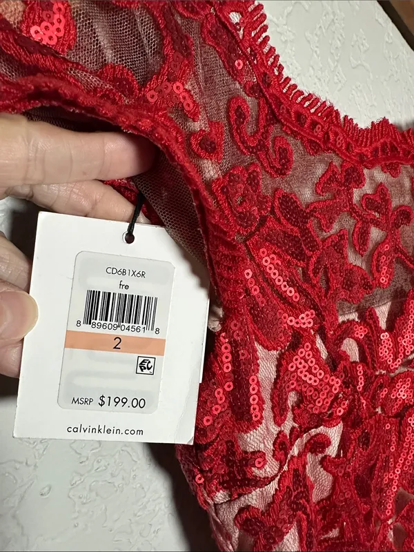 NEW Calvin Klein Red Embroidered Lace Sequin Cocktail Dress Evening Holiday Fall - Image 3
